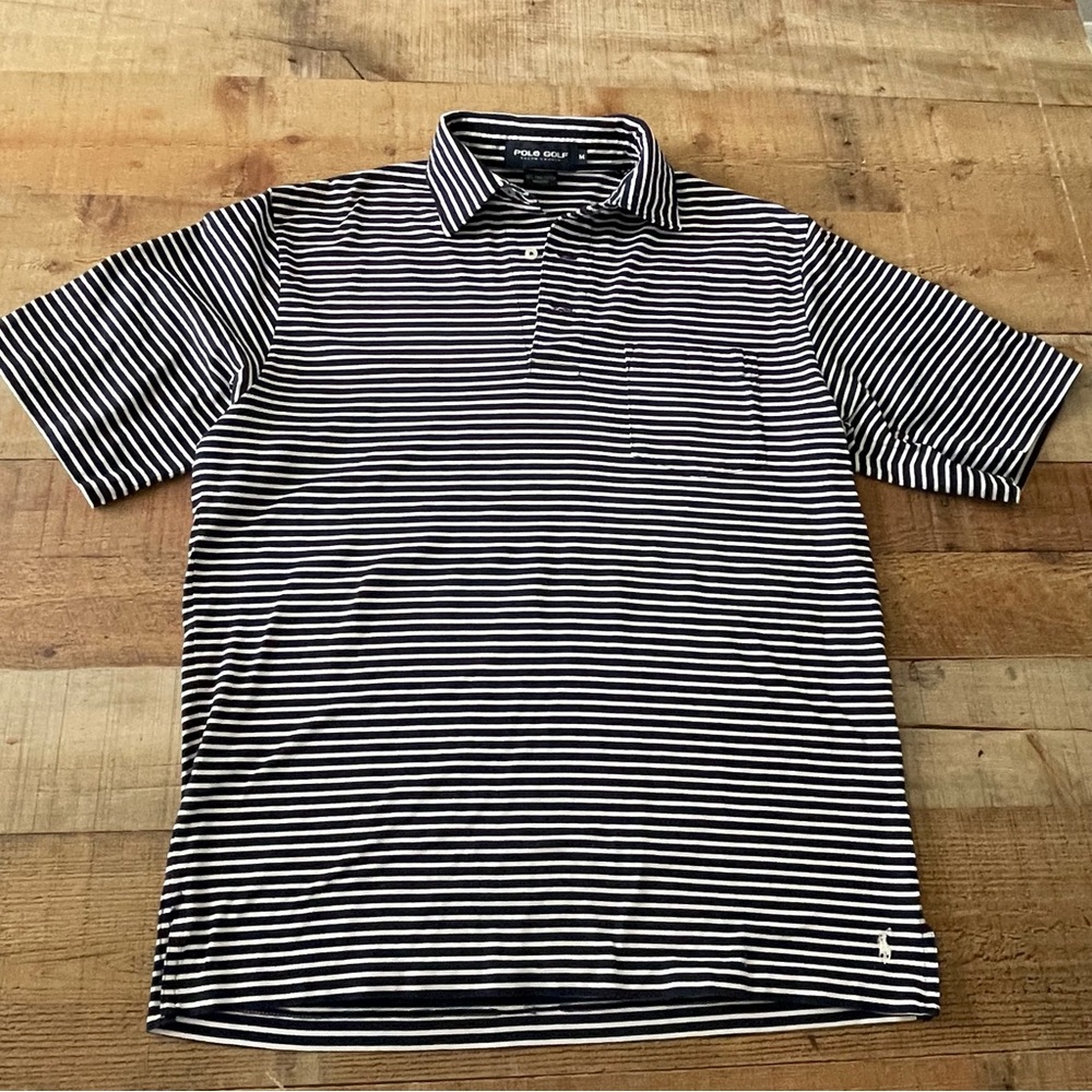 Ralph Lauren Polo Golf Shirt MEDIUM Blue White Stripe 100% Pima Cotton